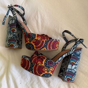 Platform Ankle-Strap Heels in Multicolor Boho Print